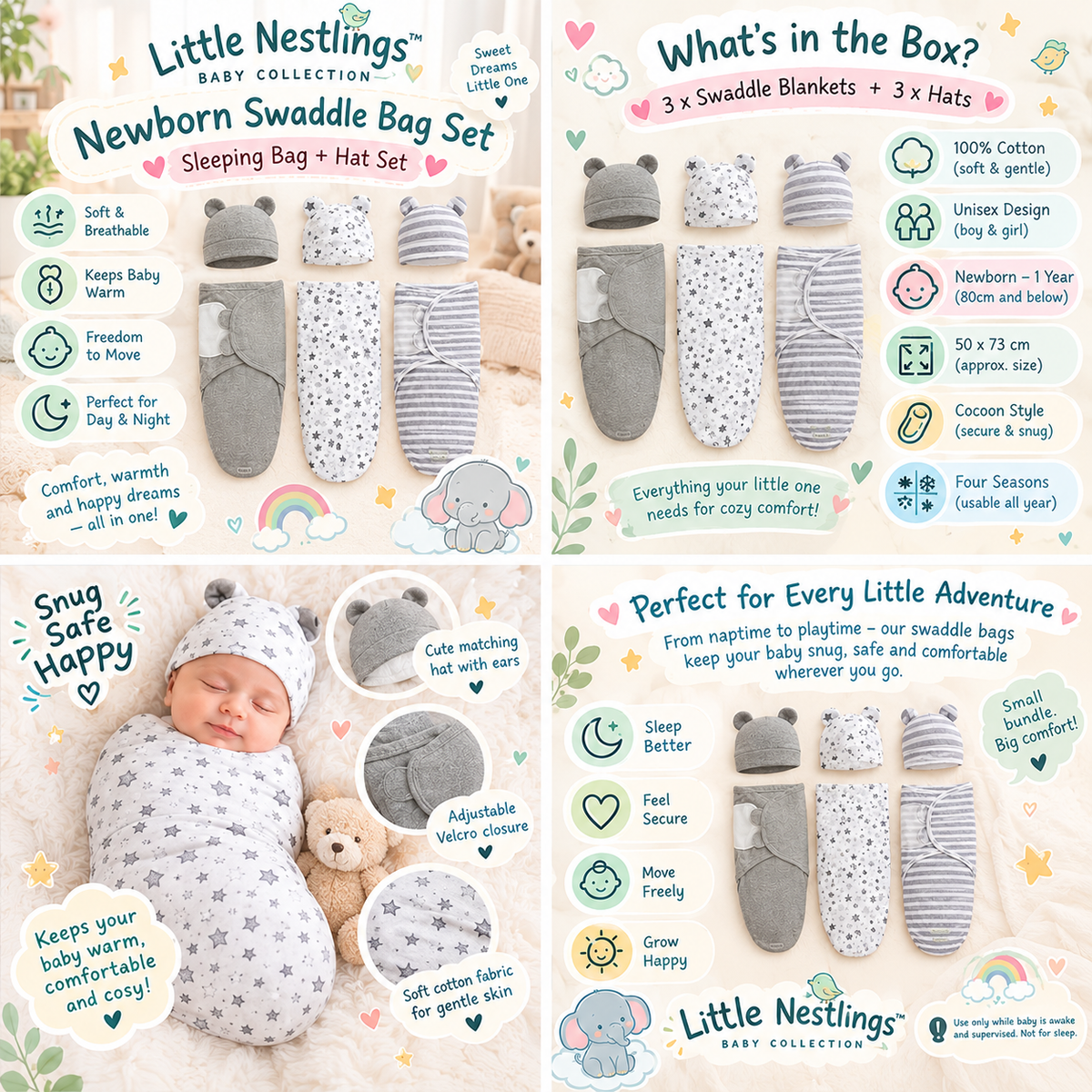 🧸 Little Nestlings™ SnuggleNest 3-Piece Newborn Swaddle Bag & Hat Set
