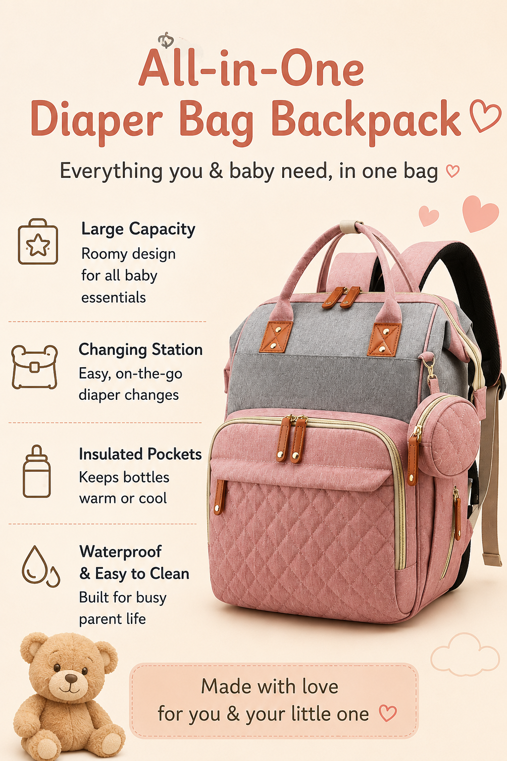 Multifunction Diaper Backpack | Built-In Changing Station & Insulated Bottle Pockets