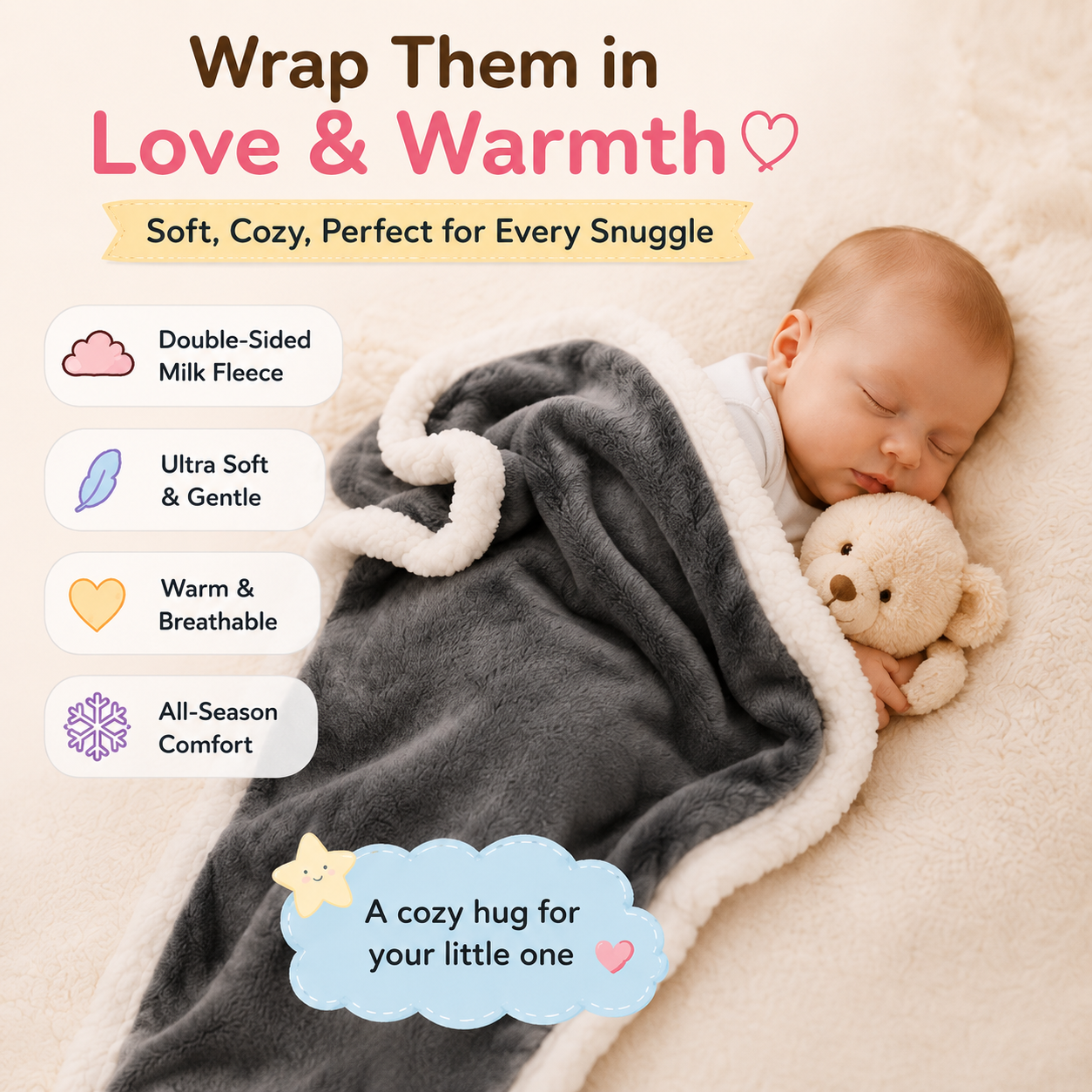 🧸 Little Nestlings™ SnuggleCloud Double-Sided Baby Blanket
