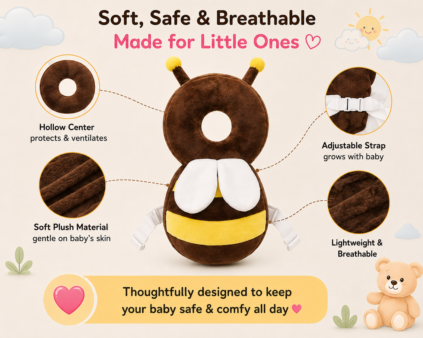 🐝 Little Nestlings™ BumbleGuard Baby Head Protector