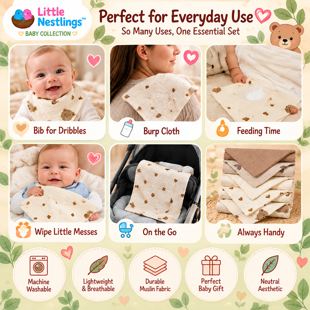 🧸 Little Nestlings™ SnuggleSoft 5-Piece Muslin Bib & Burp Cloth Set