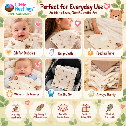 🧸 Little Nestlings™ SnuggleSoft 5-Piece Muslin Bib & Burp Cloth Set