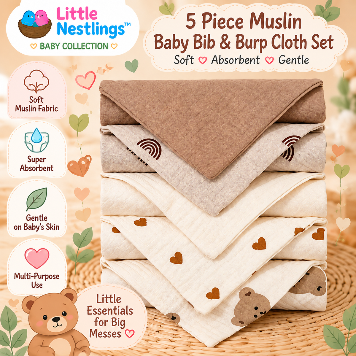 🧸 Little Nestlings™ SnuggleSoft 5-Piece Muslin Bib & Burp Cloth Set
