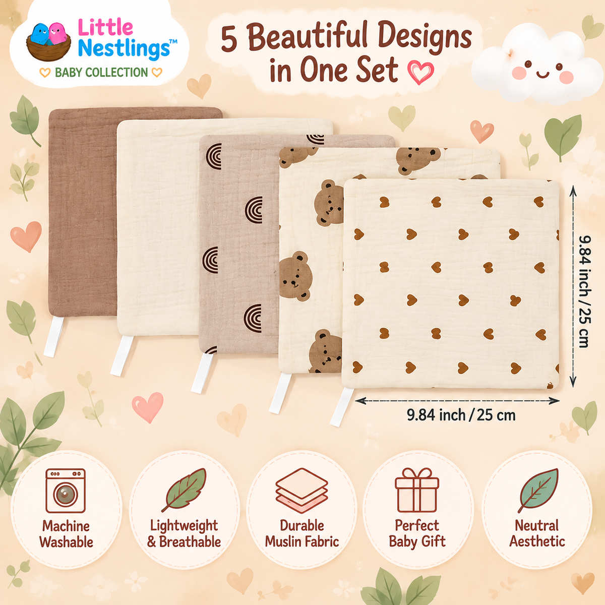 🧸 Little Nestlings™ SnuggleSoft 5-Piece Muslin Bib & Burp Cloth Set
