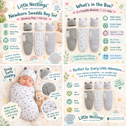 🧸 Little Nestlings™ SnuggleNest 3-Piece Newborn Swaddle Bag & Hat Set