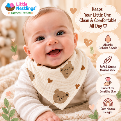 🧸 Little Nestlings™ SnuggleSoft 5-Piece Muslin Bib & Burp Cloth Set