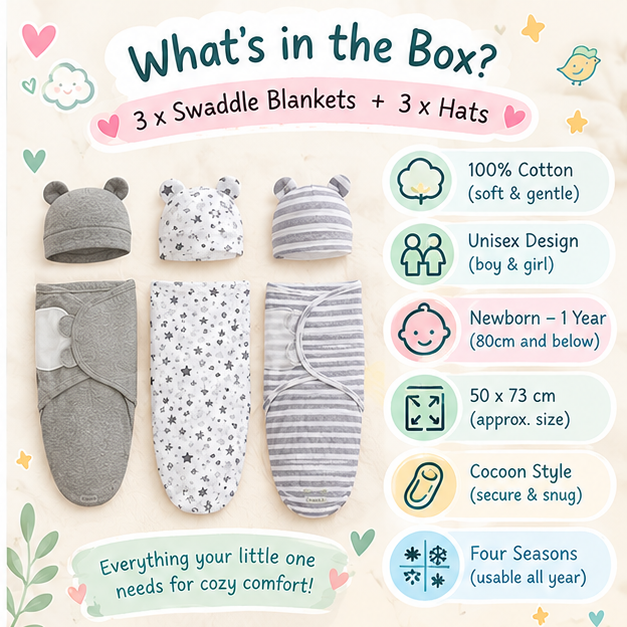 🧸 Little Nestlings™ SnuggleNest 3-Piece Newborn Swaddle Bag & Hat Set