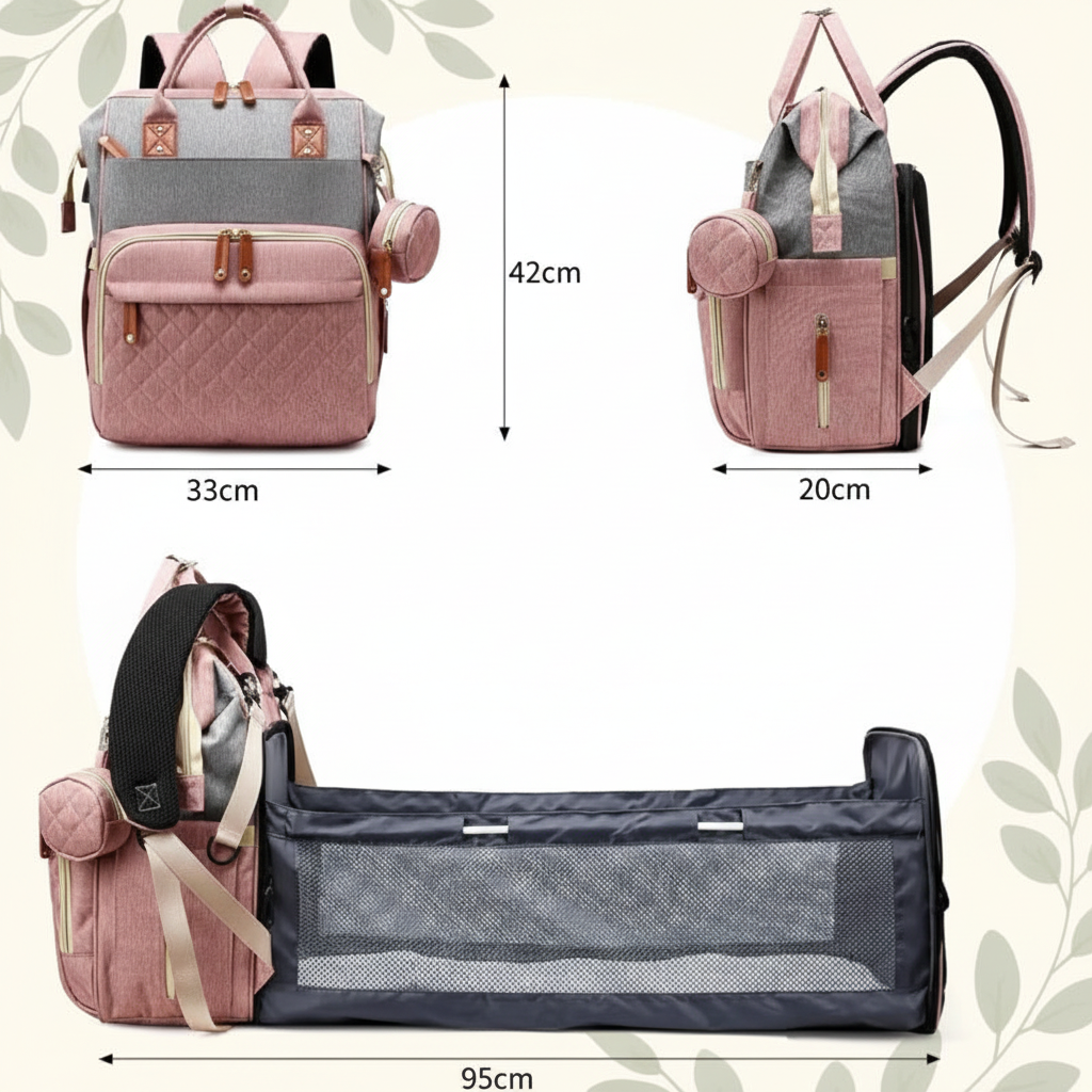 Diaper Bag Dimensions Infographic with Little Nestlings Background