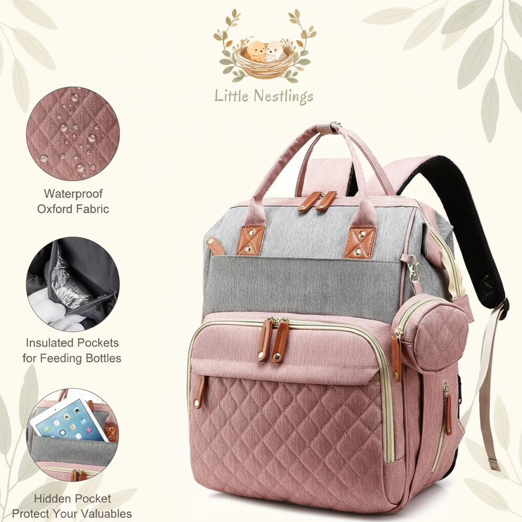 Diaper Bag Features with Little Nestlings Background