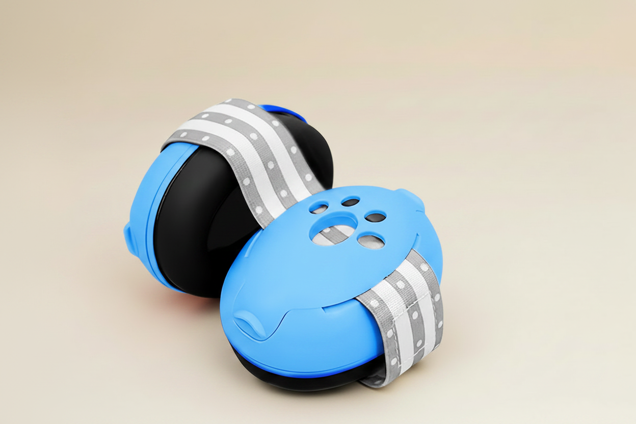 Little Nestlings Blue Baby Ear Muffs on Cream Background