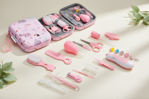 Pink Baby Care Kit with Little Nestlings Brand Background